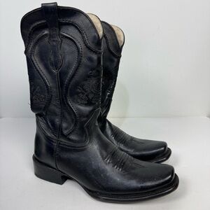Pistolero Black Leather Embroidered Square Toe Western Cowboy Boots Rodeo